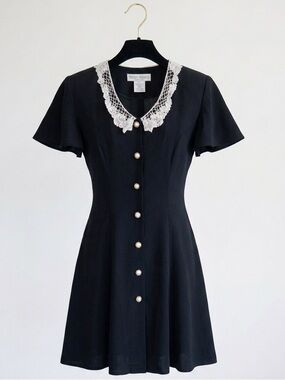 *VINTAGE* Vittorio Virini Black Lace Collar A-Line Dress with Gold Pearl Buttons